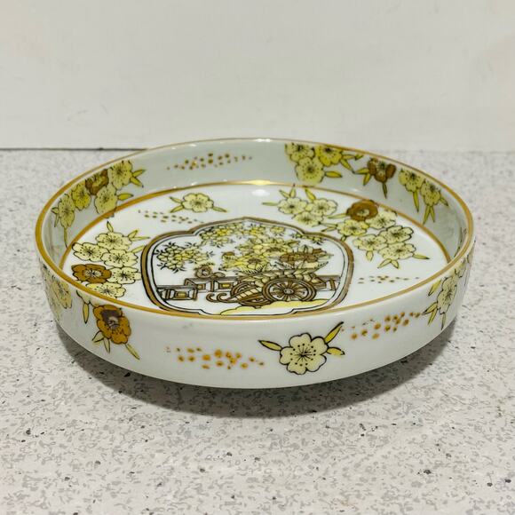 Hand Painted Gold Imari Small Dish Bowl Cart Floral Yellow Green Golden Vintage - Picture 7 of 7